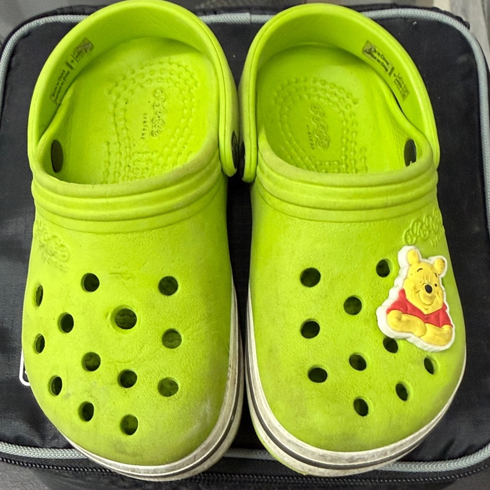 CROCS Kids Bright Green Sandals with Pooh Charm